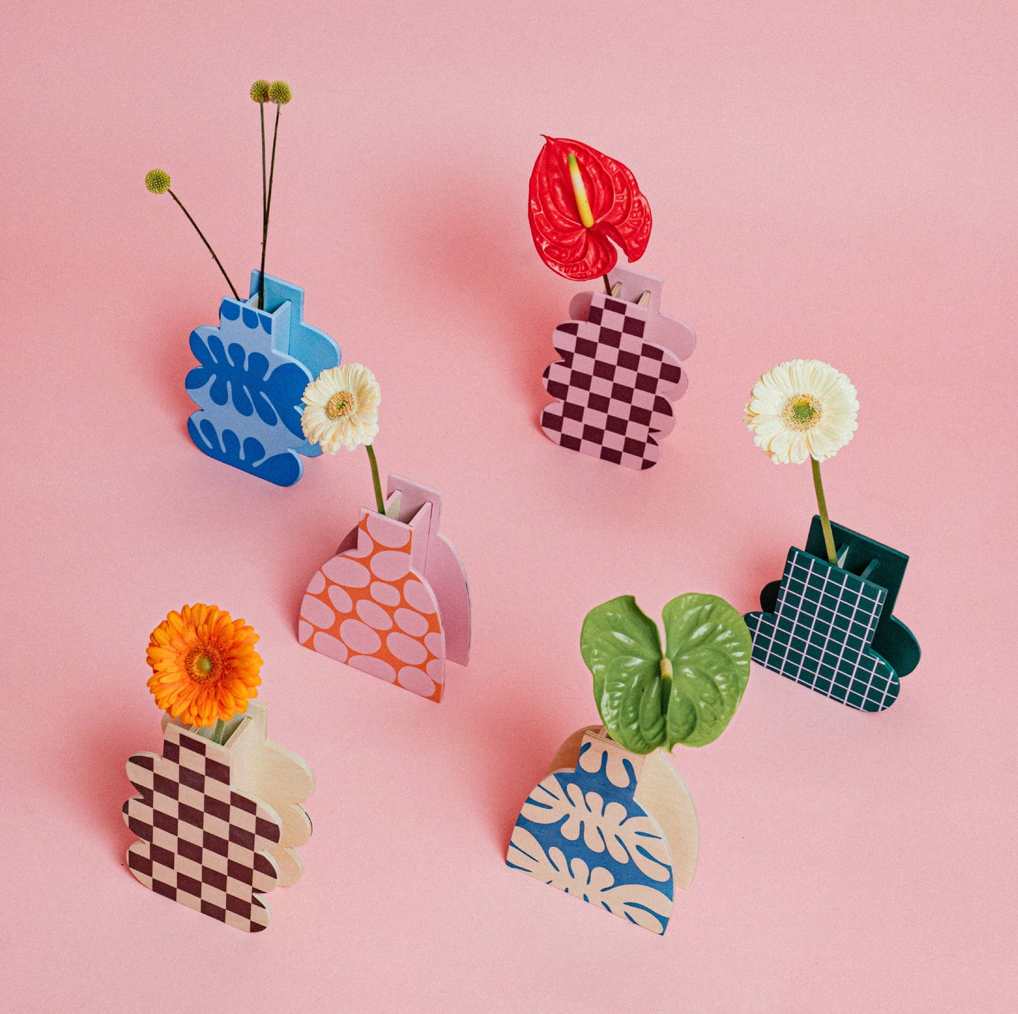 Pink Checked Wooden Vase - by Milin