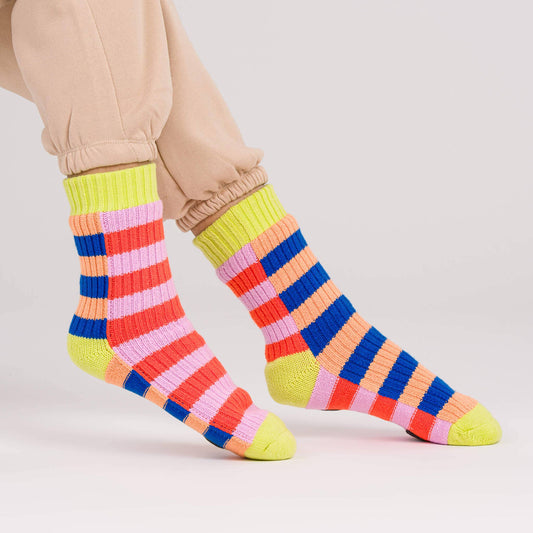 Super Stripe Knit House Socks: Peach Cobalt by Verloop