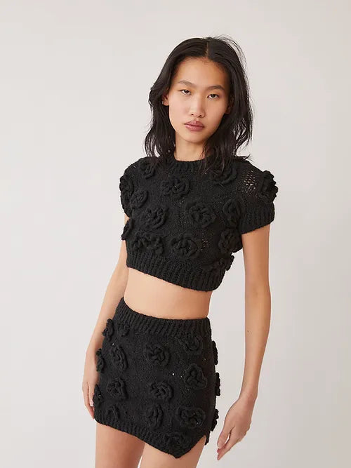 Polina Crochet Knit Floral Top - Black by Tach