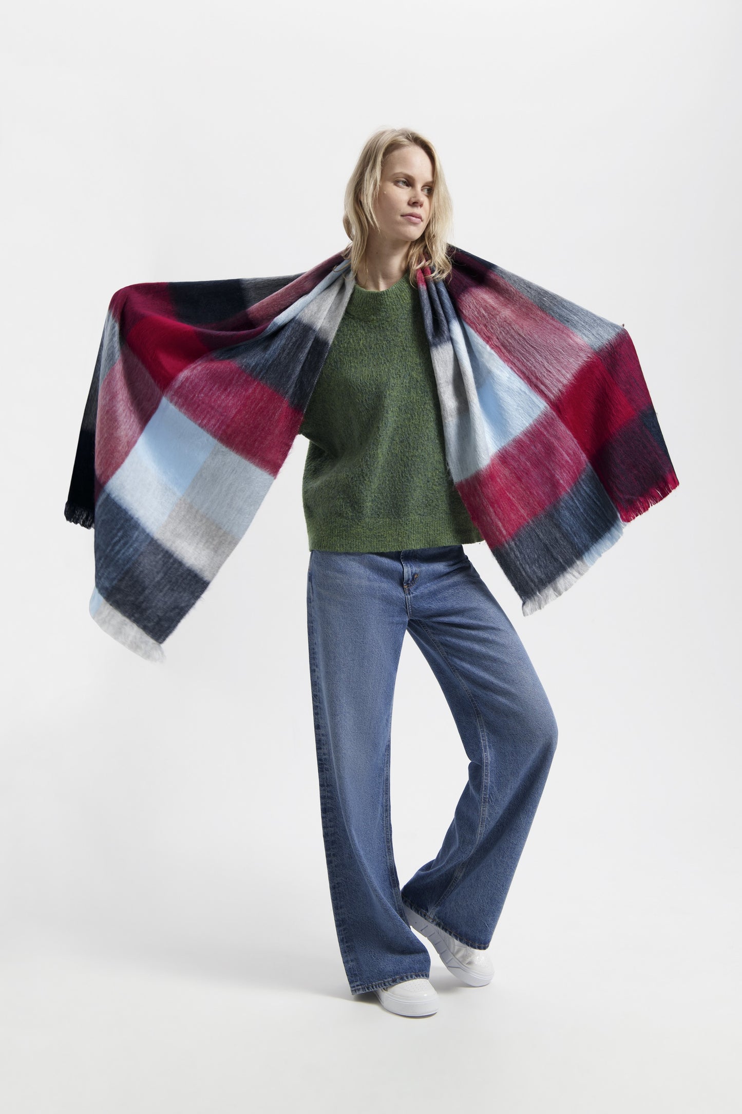 Scarf Blocked Ruby Red, Blue and Grey by Alpaca Loca