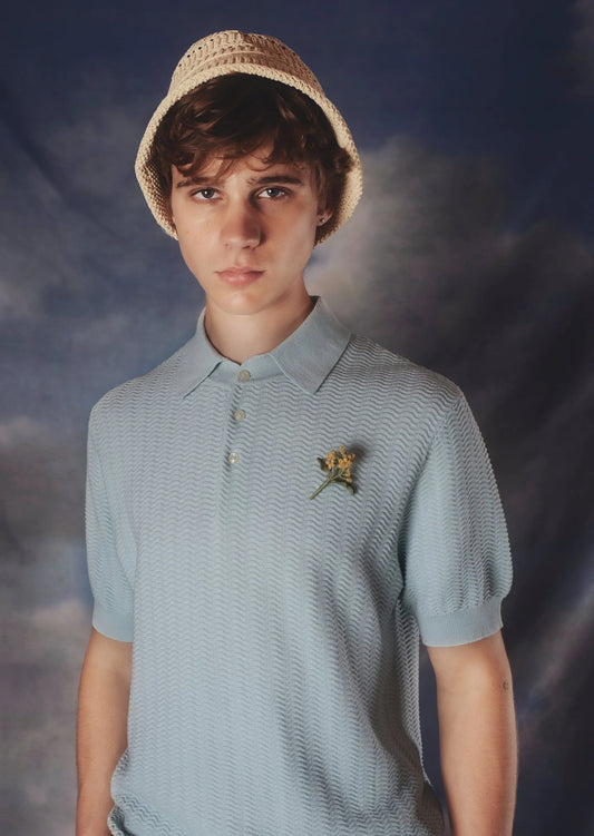 Hand-Crocheted "Grandpa's Bloom" Polo Shirt - Antique Sky by Kawakey