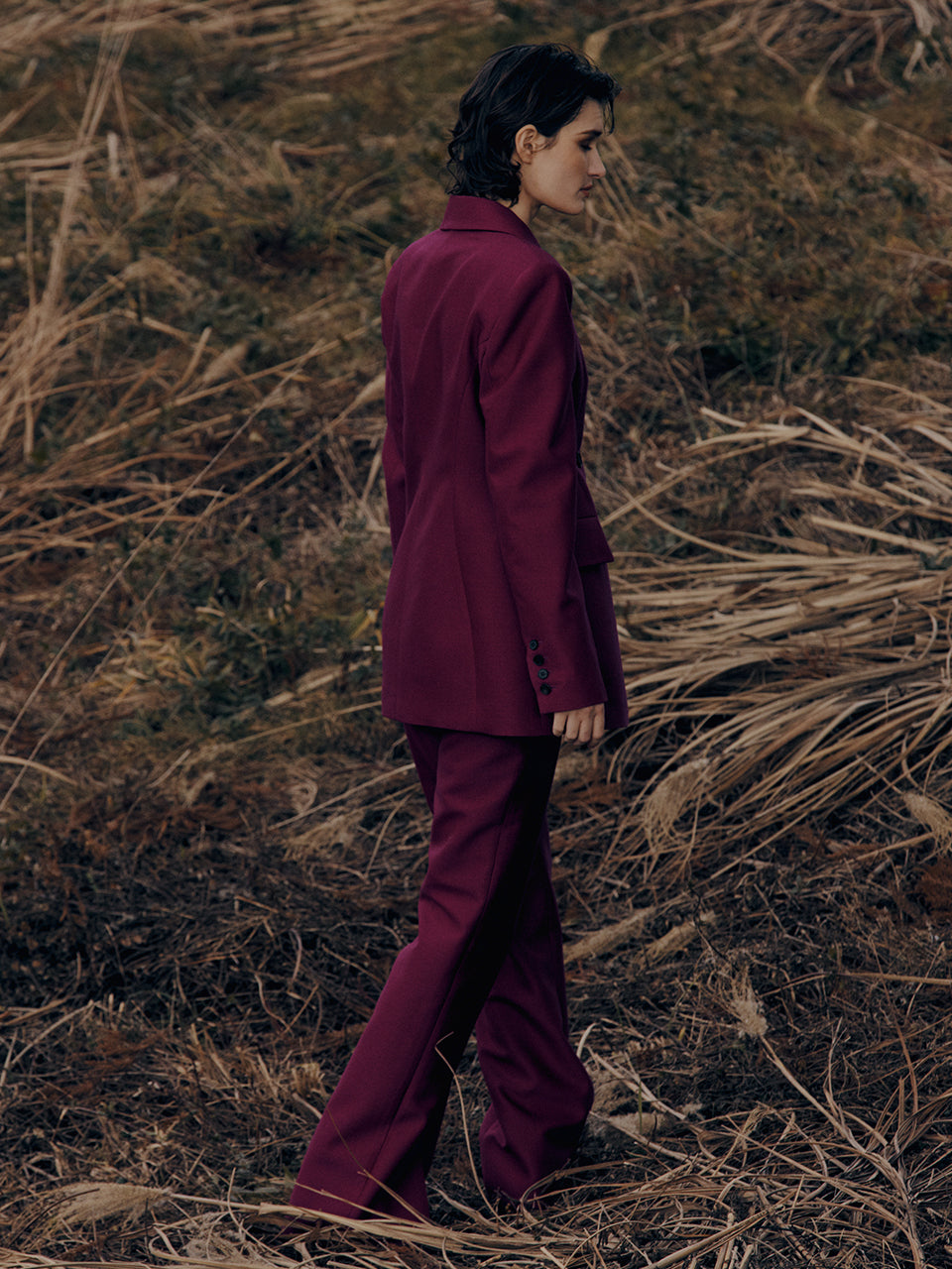 Wool Silk Front Slit Pants - Fushcia Pink by LVIR