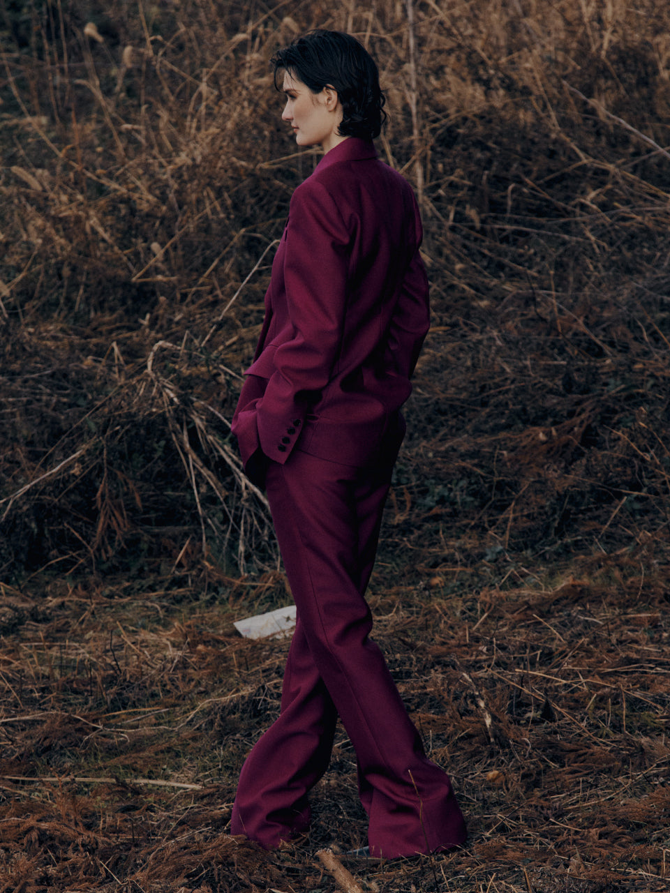 Wool Silk Front Slit Pants - Fushcia Pink by LVIR