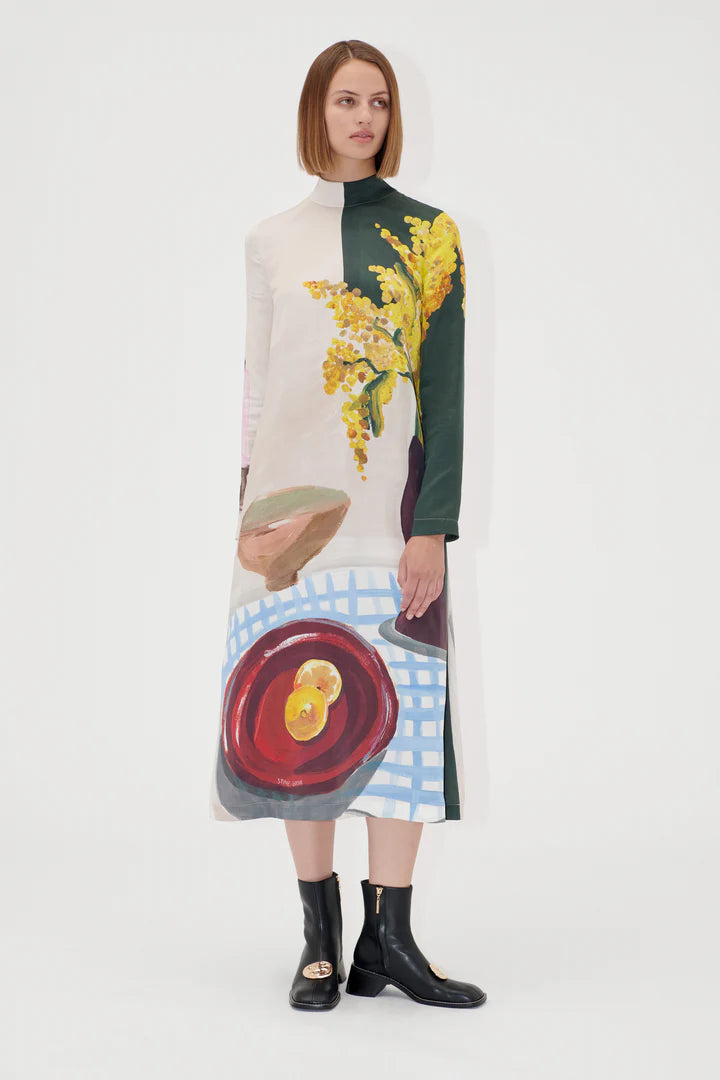 Long Sleeve Midi Dress - Lemons on a Plate by Stine Goya