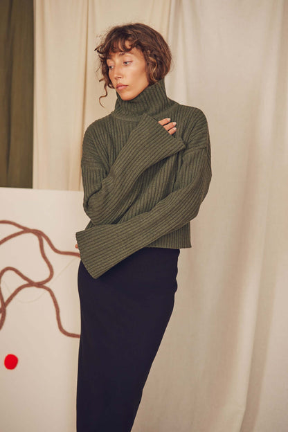 Khaki Heavy Knitted Wool Sweater by Cossac