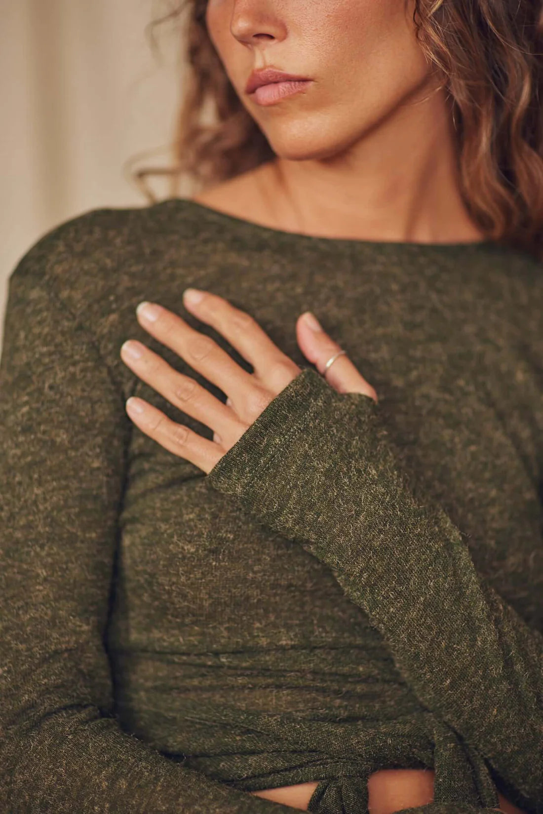 Khaki Multiway Recycled Jersey Wrap Top by Cossac