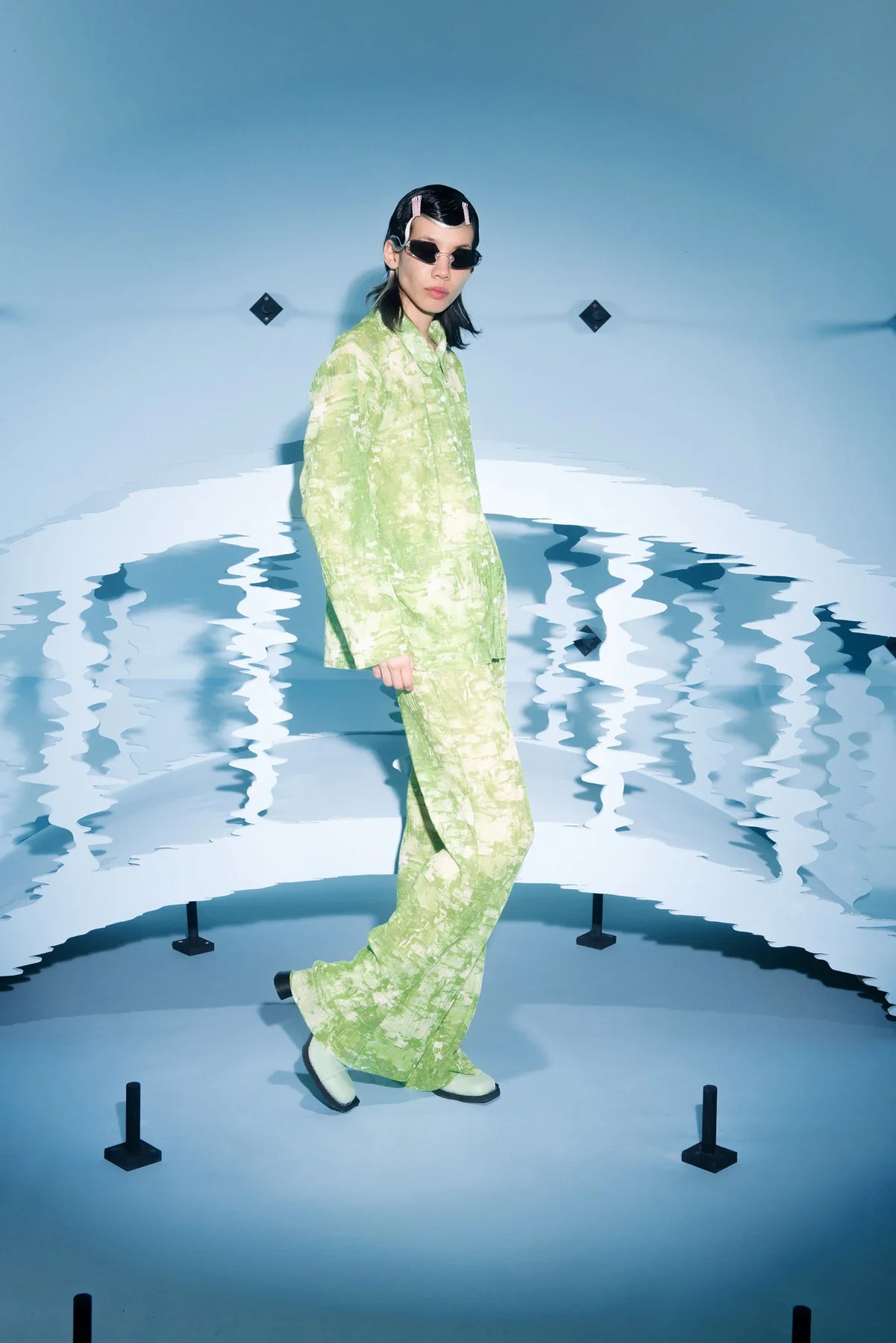 Short Mesh Plisse Shirt - Green Riddle by Henrik Vibskov