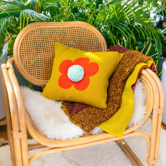 Flower Pom Knit Pillow Cover - Golden Olive by Verloop