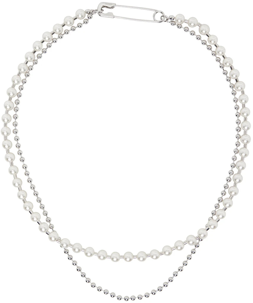 White Safety Pin Pearl Necklace by Numbering
