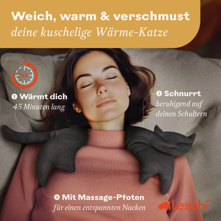 Organic Grain Pillow Neck Heating Pad Cat- Black by Leschi