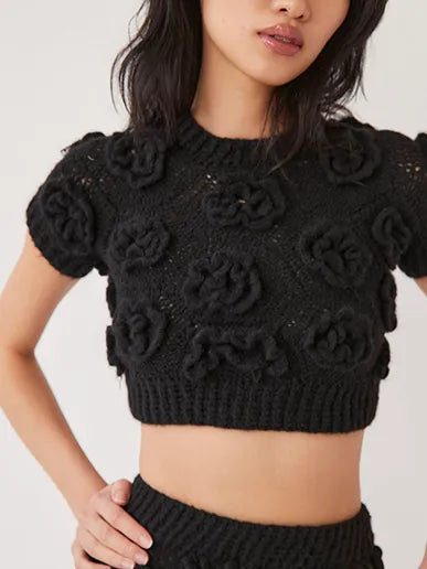 Polina Crochet Knit Floral Top - Black by Tach