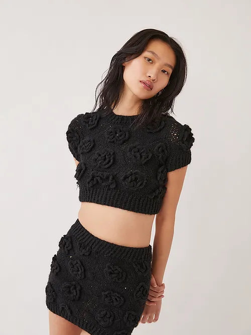 Polina Crochet Knit Floral Top - Black by Tach