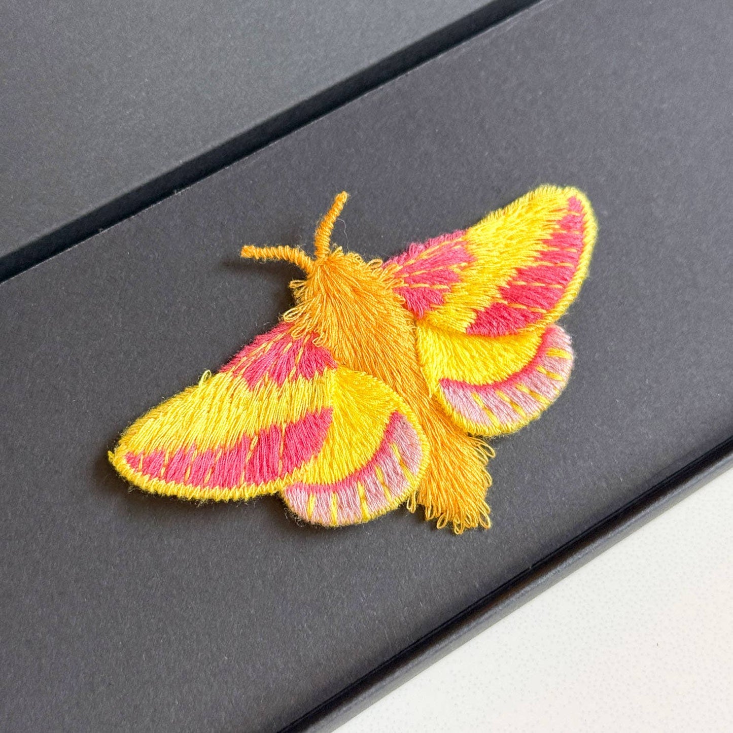 🦋 Rosy Maple Moth Embroidered Brooch – Botanical Pin by Botanopia
