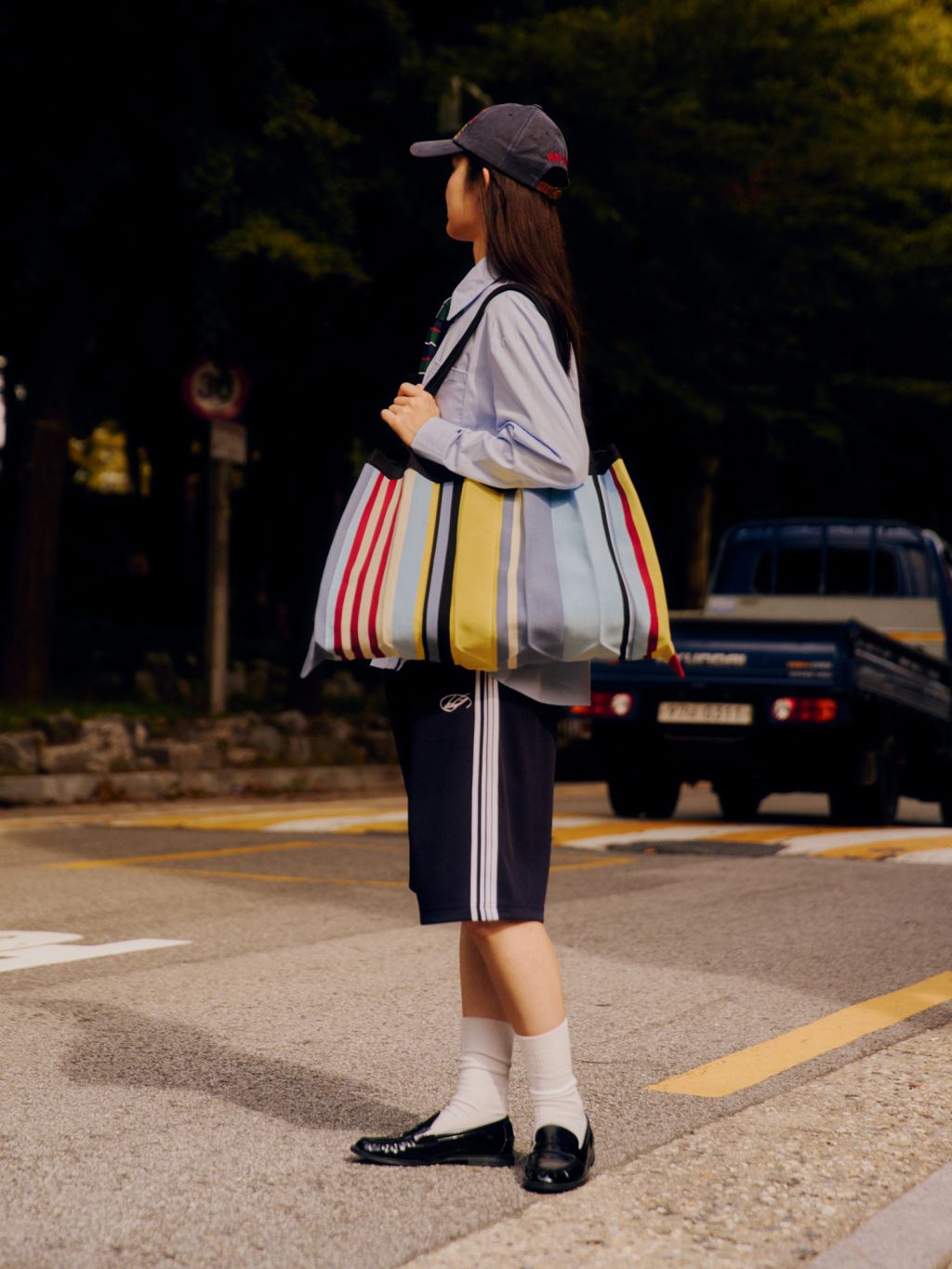 Big Shoulder Bag - Urban Stripe Blue by PleatsMama