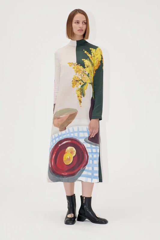 Long Sleeve Midi Dress - Lemons on a Plate by Stine Goya