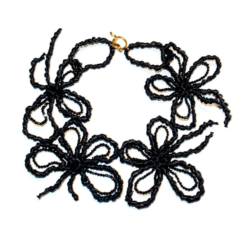 Multi Flower Raffia Necklace - Black by Kroon 02