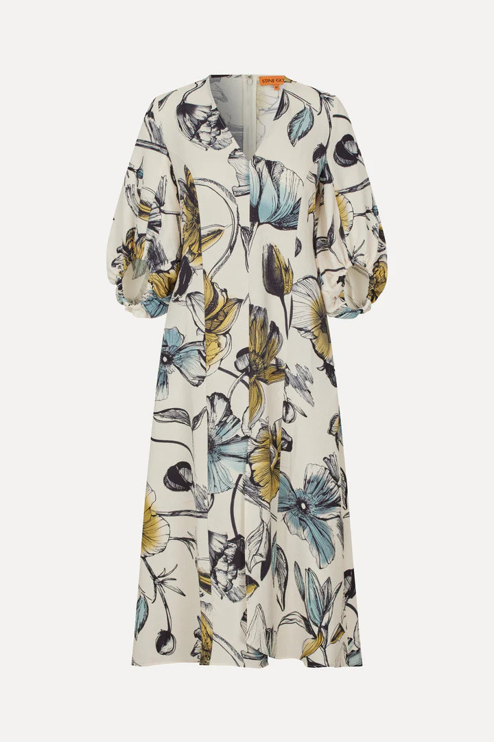 Three Quarter Sleeve Midi Dress Fine Line Poppies by Stine Goya The Modu Shop