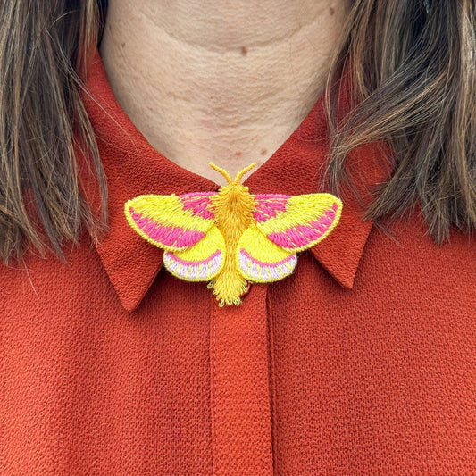 🦋 Rosy Maple Moth Embroidered Brooch – Botanical Pin by Botanopia