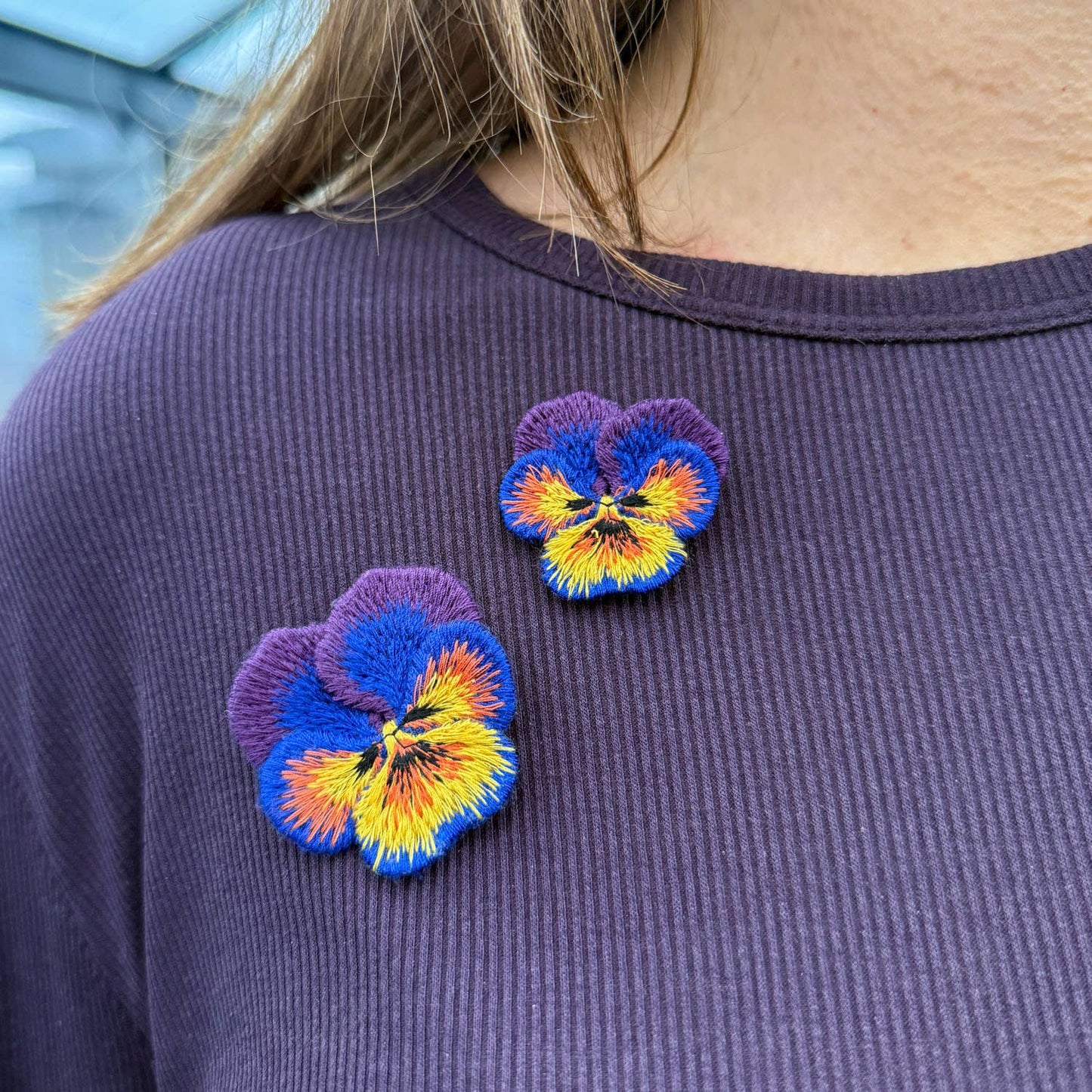 💜 Pansies Embroidered Brooches – Violet (set of 2) - by Botanopia
