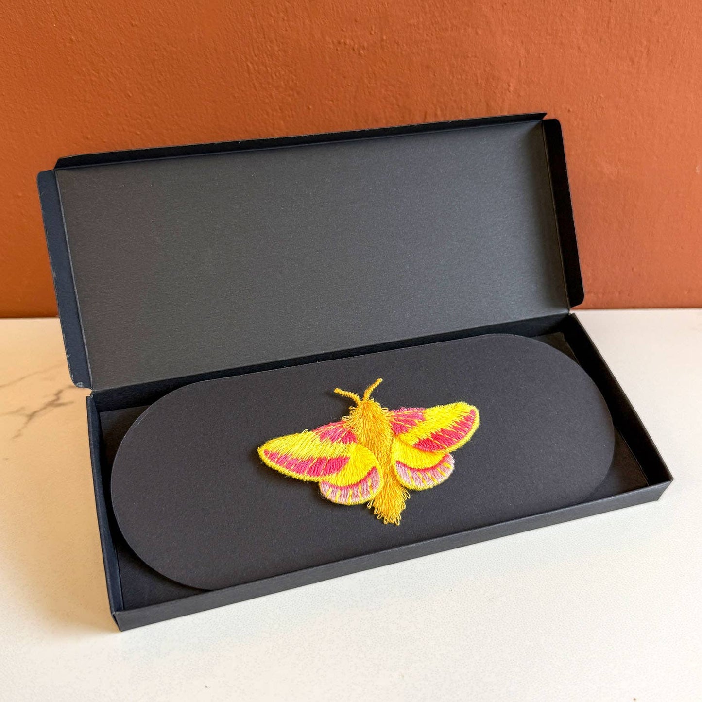 🦋 Rosy Maple Moth Embroidered Brooch – Botanical Pin by Botanopia