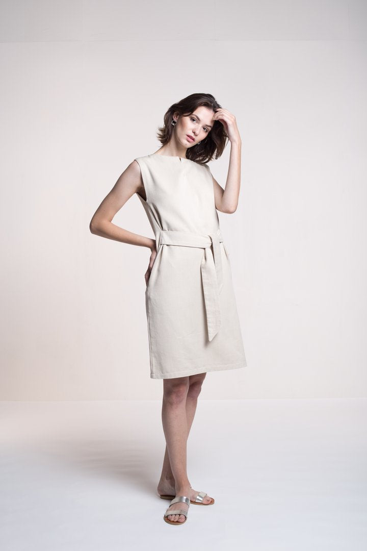 Belted Denim Dress Beige by Mila Vert